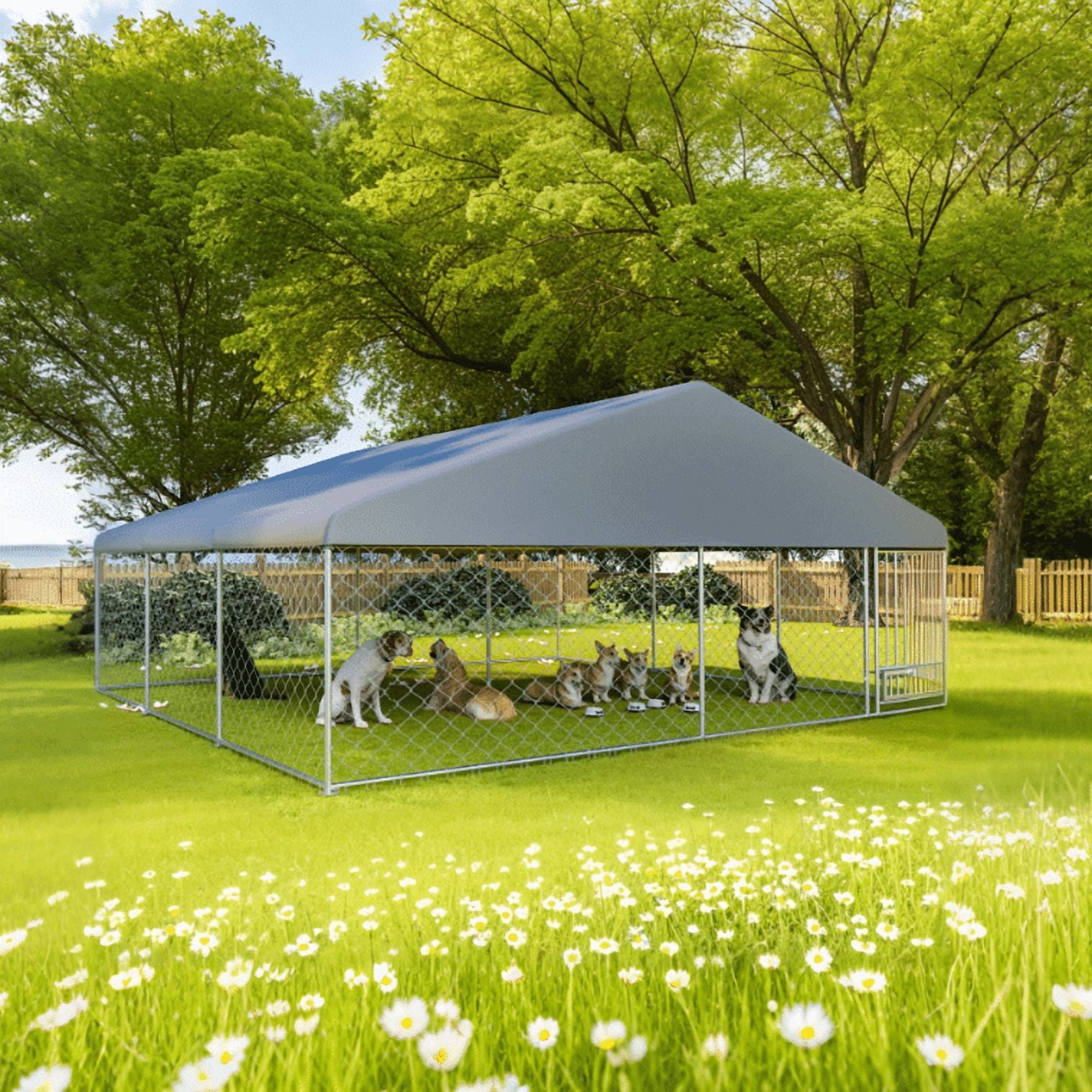 15FT Extra Large Outdoor Dog Kennel, Dog House Pen Enclosure with Roof, Rotated Dog Bowls, Secure Lock, Wateproof Cover