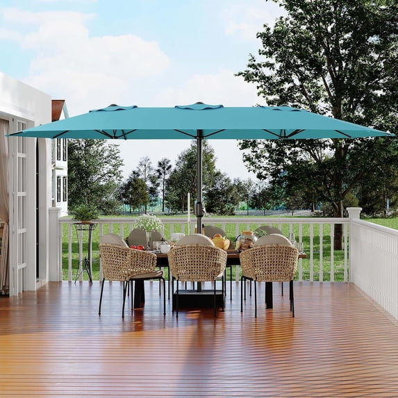15FT Large Patio Umbrella with Base Included, Outdoor Deck Standing Umbrella with Crank Handle, Double-Side Rectangular Pool Umbrella for Outside, Market, Patio