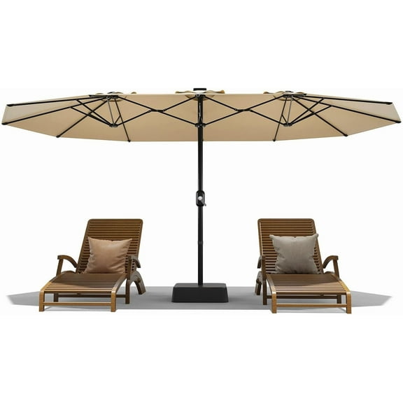 15FT Large Patio Umbrella With Base Included, Outdoor Double-Sided Rectangle Market Umbrella With Easy Crank and Tilt Adjustment for Pool, Lawn, Garden, Backyard, Beige