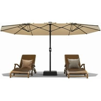 15FT Large Patio Umbrella With Base Included, Outdoor Double-Sided Rectangle Market Umbrella With Easy Crank and Tilt Adjustment for Pool, Lawn, Garden, Backyard, Beige