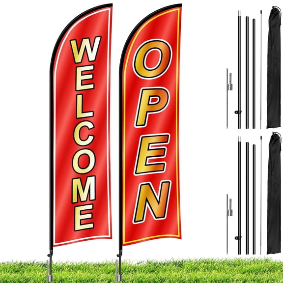 15FT Open Feather Flag Pole Kit, 2 Pack Advertising Feather Sign with Poles and Ground Spikes, Open Flags Banner for Business Promotion