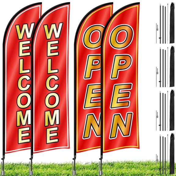 15FT Open Feather Flag Pole Kit, 4 Pack Advertising Feather Sign with Poles and Ground Spikes, Open Flags Banner for Business Promotion