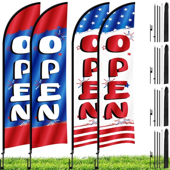 15FT Open Feather Flag with Pole Kit & Ground Stake 4 Pack Advertising Flags for Outdoor Business and Event Promotion (Red, White & Blue)