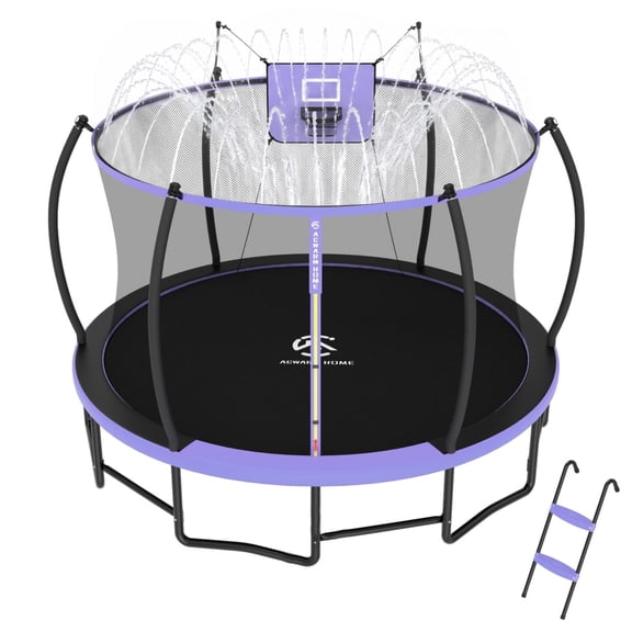 15FT Outdoor Trampoline with Water Sprinkler, Basketball Hoop, Ladder and Safety Enclosure, Light Purple