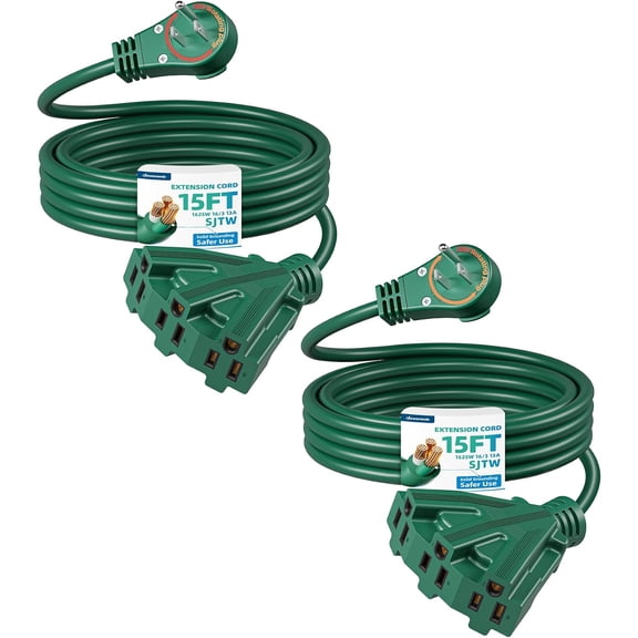 15FT Outdoor Tri-Tap Flat Extension Cord, 360 Rotating Plug, Weatherproof 16/3 SJTW Heavy Duty Power Cord, 125V/13A/1625W, 2 Pack, ETL Listed, Green