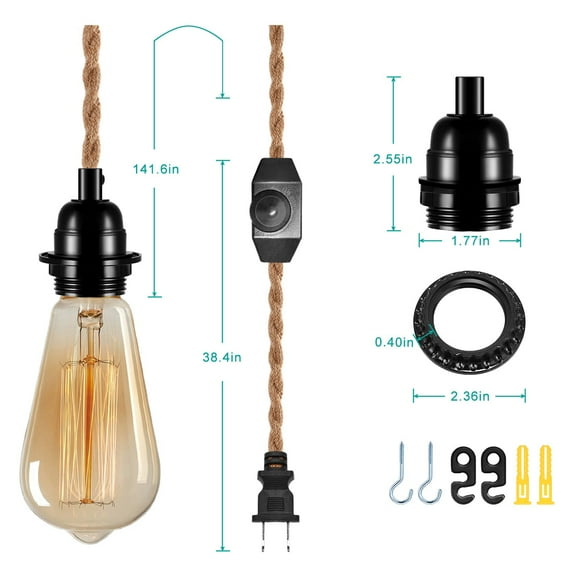 15FT Plug in Hanging Light Fixture, Pendant Lamp Lights Cord with Switch Cord E26 Bulbs Socket, DIY Twisted Hemp Rope Overhead Lamps for Farmhouse Bedroom Home Lighting Decors