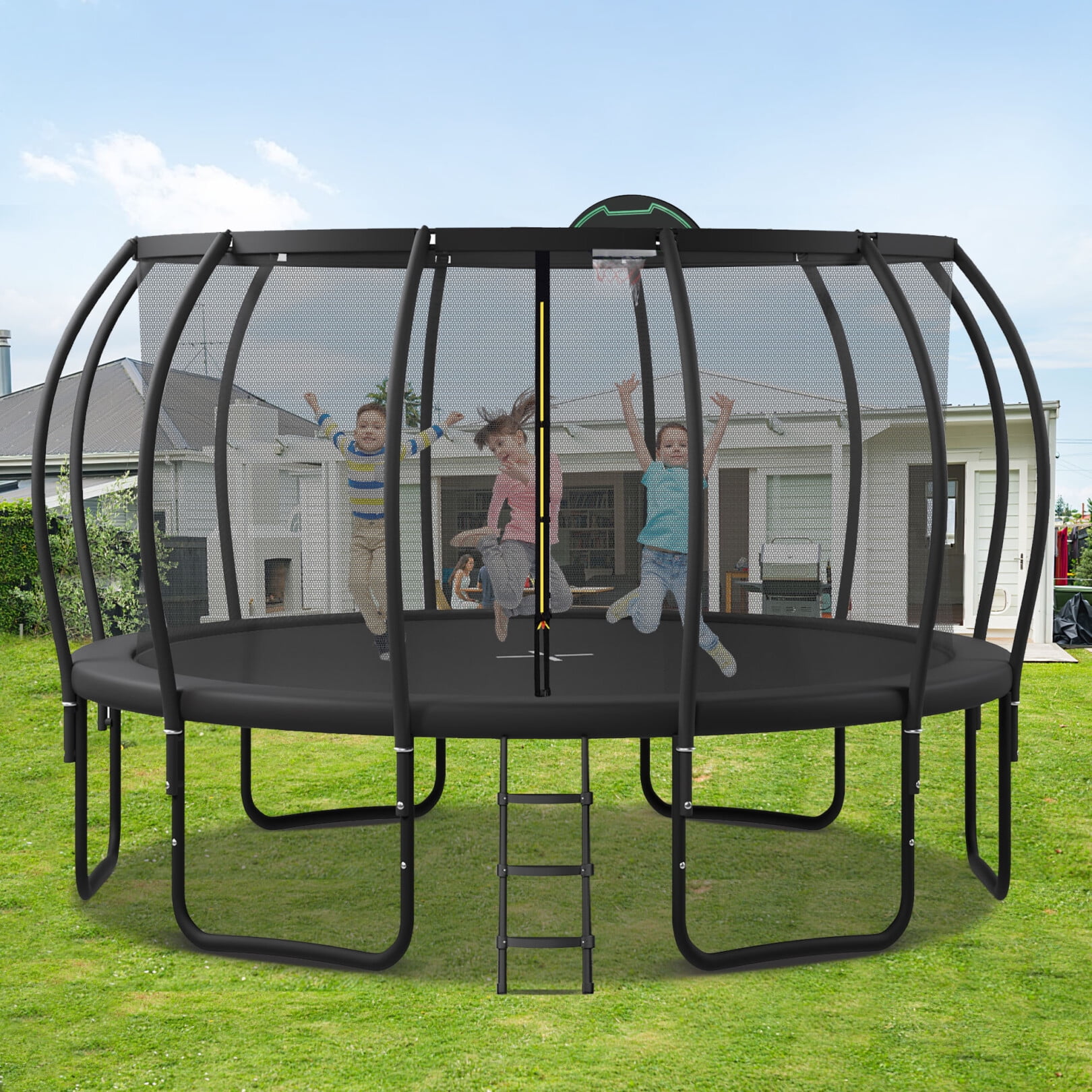 15FT Pumpkin Trampoline, Outdoor Trampoline with Inner Safety Enclosure
