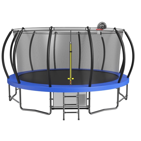15FT Recreational Trampoline, Modern Trampoline with Enclosure Net, Basketball Hoop, Ladder, Metal Bracket Support, Trampoline for Adults, Teens, Children, Blue
