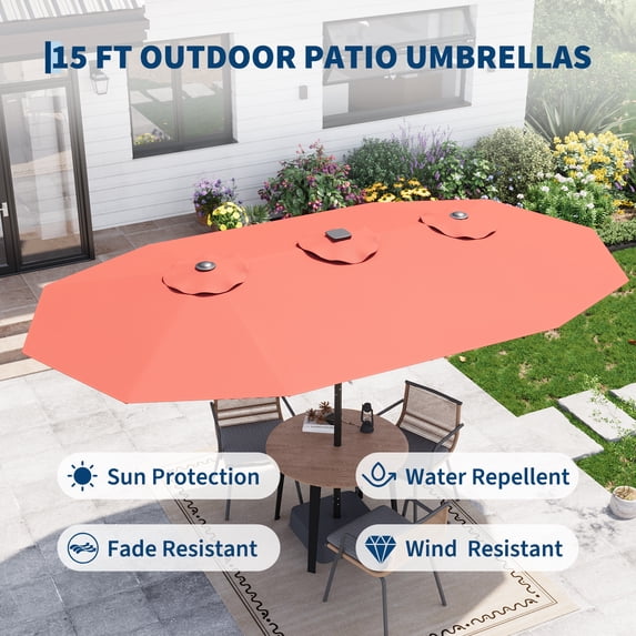 15FT Rectangular Patio Umbrella with Solar LED Lights & Base – UV ...