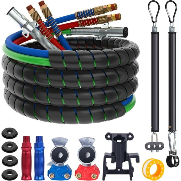 15FT Semi Truck Air Line Kit with Gladhand Holder and Springs Kit Red & Blue Air Brake Hoses and 7 Way Trailer Cord 3-in-1 Air Lines Set for Semi Truck Trailer Tractor