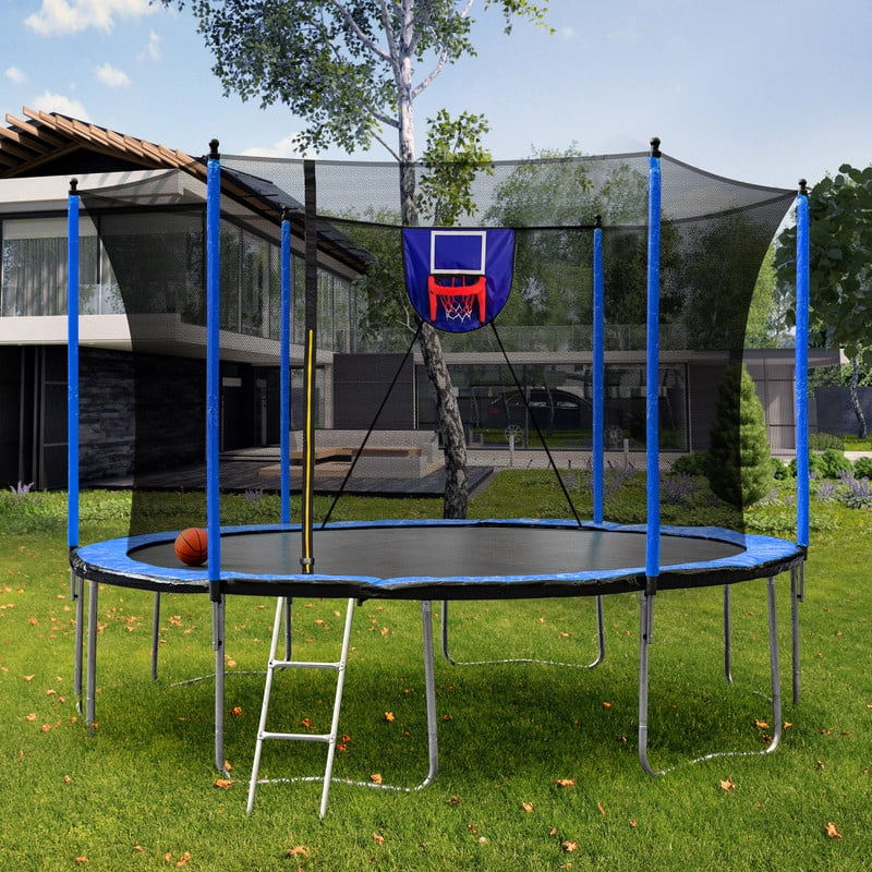 15FT Trampoline with Basketball Hoop, Ladder & Inflator, Outdoor Backyard Trampoline with Safety Enclosure Net, Rust-Resistant Galvanized Frame for Kids & Adults, Blue