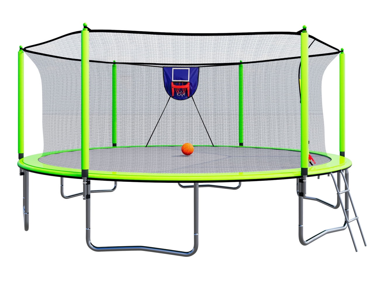 15FT Trampoline with Basketball Hoop, Ladder & Inflator, Outdoor Backyard Trampoline with Safety Enclosure Net, Rust-Resistant Galvanized Frame for Kids & Adults, Green