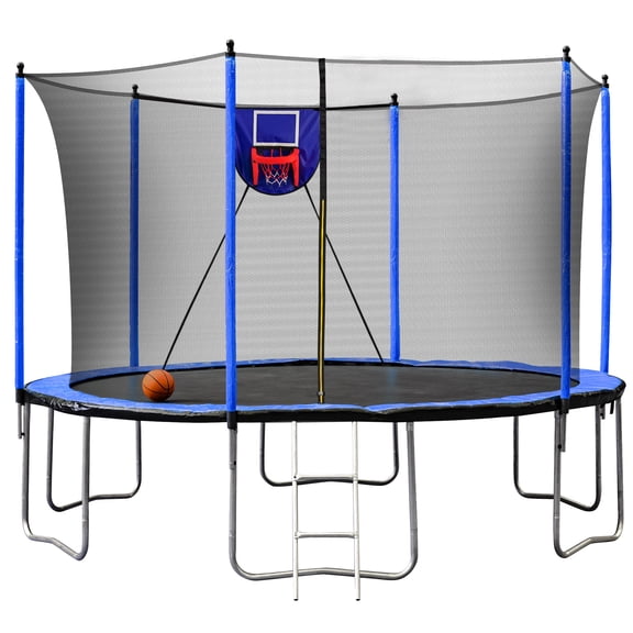 15FT Trampoline with Basketball Hoop, Inflator & Ladder, 6 Extra Safety Net Pole Sleeves - Blue