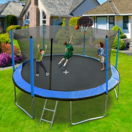 Bestwyc 15FT Trampoline with Basketball Hoop, Inflator, and Ladder (Inner Safety Enclosure), Blue