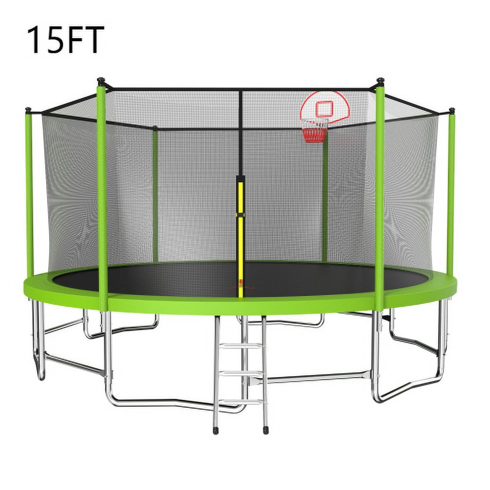 15FT Green Round Trampoline with Enclosure and Basketball Hoop