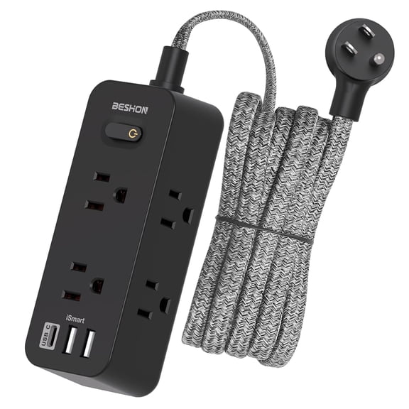 15Ft Black Extension Cord, BESHON Power Strip Surge Protector, 6 Outlets with 3 USB Ports(1 USB C Outlet), 3-Side Outlet Extender, Wall Mount, Compact for Home, School, College Dorm Room