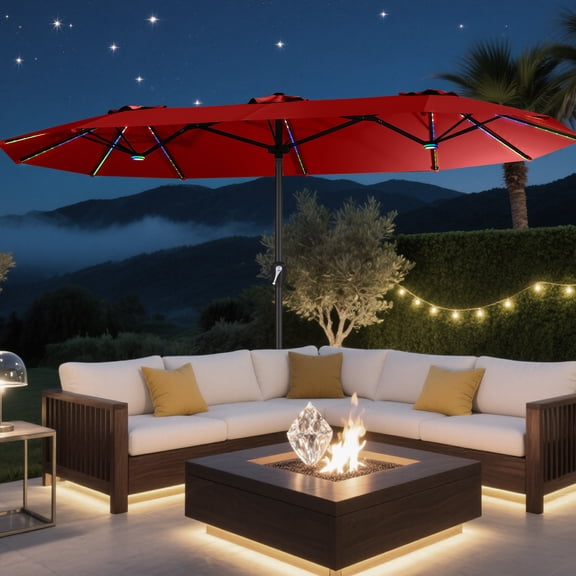 15Ft Double-Sided Patio Umbrella With Solar Lights Remote Control, Featuring 12-color LED Lights And Knob Handles (Red)