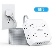 15Ft Long Extension Cord with Multiple Outlets, Flat Plug Surge Protector Power Strip, 8 Outlets & 4 USB Ports (2 USB C), Desk Charging Station for indoor Home 