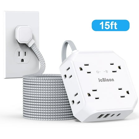 15Ft Long Extension Cord with Multiple Outlets, Flat Plug Surge Protector Power Strip, 8 Outlets & 4 USB Ports (2 USB C), Desk Charging Station for indoor Home Office, College Dorm Room Essentials