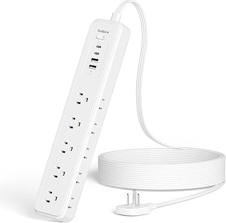15Ft Power Strip Surge Protector - TerHavn Extension Cord with 15 AC Outlets and 4 USB Ports for for Home, Office, Dorm Essentials, 1080 Joules,15A 1875W UL, (White)