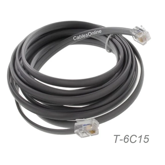15Ft. Rj12 6P6C Flat Modular Telephone Cable, Gray, Cablesonline T-6C15