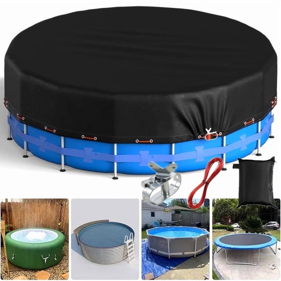 15Ft Round Pool Cover, Solar Covers for Above Ground Pools, Summer Pool Cover Protector with Cover Winch and Cable, PU Coated Sliver Ideal for Waterproof and Dustproof, Black