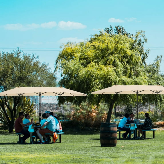 15Ft Sun Umbrella for Patio, Outdoor Deck Umbrella Twin Market Umbrella w/Crank, Durable Polyester Double-Sided Rain Shelter, Foldable Sunscreen Beach Sun Shade Tent for Garden, Backyard, Tan, S8636