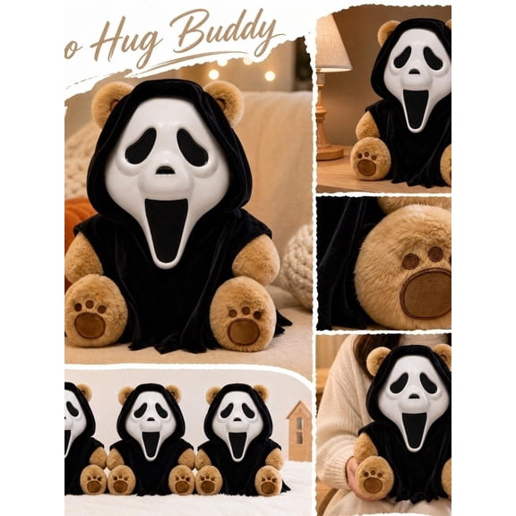 15IN Ghost Face Bear Terrors Plush Horror Mask Bear Collectible Stuffed Doll with Black Hooded Cloak for Halloween Sofa Shelf Bedroom Decor Gift