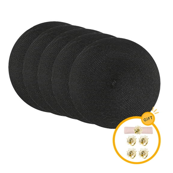 15IN Round Woven Placemats, 5Pcs Rattan Placemats with 5Pcs Napkin Rings, Table Mats for Dining Tables Natural Woven Heat Resistant Place mats, Black
