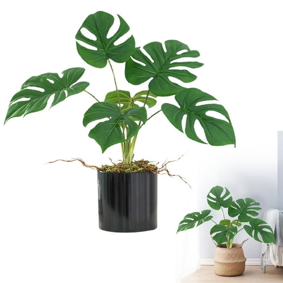 15In Artificial Monstera Tree, Faux Floor Plant with 6 Leaves, Indoor Outdoor Decoration for Home Office Living Room Patio, Black Pot