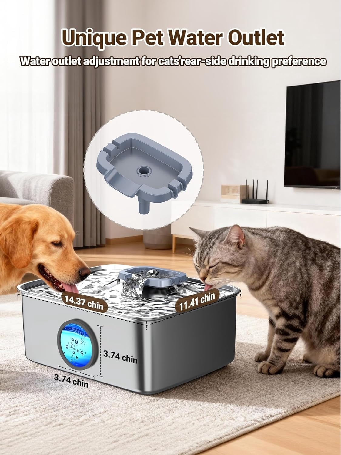 15L/4 Gal Dog Water Fountain, Stainless Steel Large Pet Water Fountain with Water Level LED Light, Quiet Automatic Dog Water Bowl Dispenser for Dogs Inside Easy Cleaning