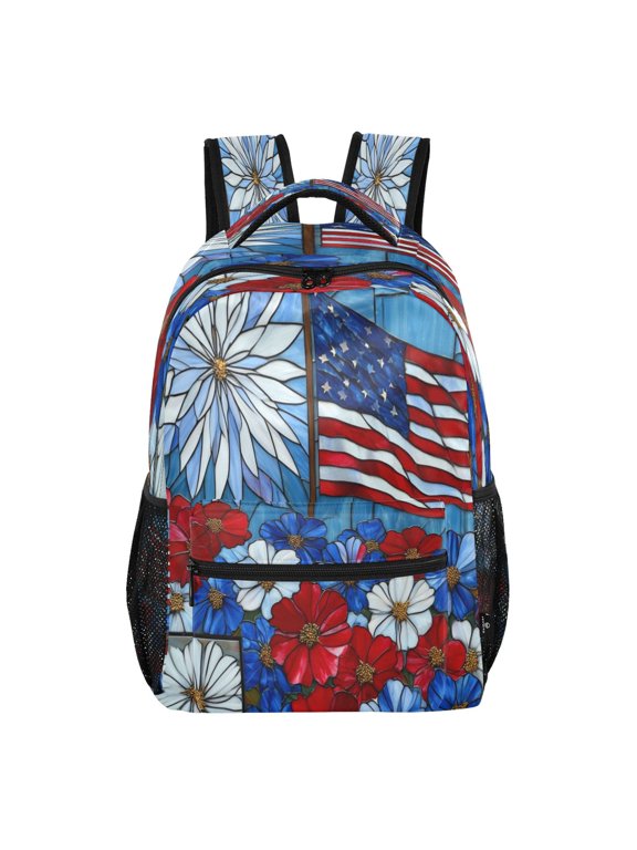 15L Large Laptop Backpack Lightweight Multi Pocket Travel Bag for Men Women Business Commuter, Flag & Blooms Printed
