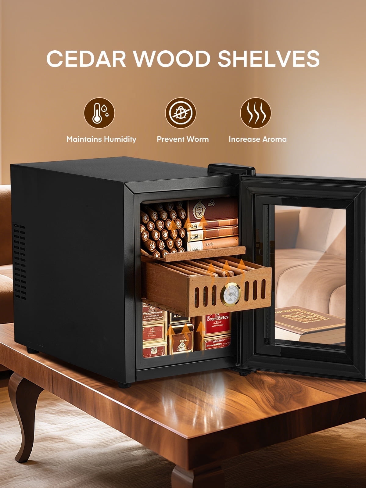 Electric Cigar Humidor for 100 Cigars, 15L Cigar Cabinet with Temperature Control, Spanish Cedar Wood Shelves, Digital Hygrometer, Gift for Men