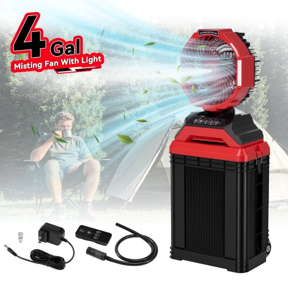 15L Portable Misting Fan with Wheels, 30000mAh Rechargeable Battery Operated Outdoor Fan, 4 Speeds & 4 Mist Modes, 90° Auto-Oscillation, Solar Charging Supported, for Patio, Camping, Jobsite, BBQ