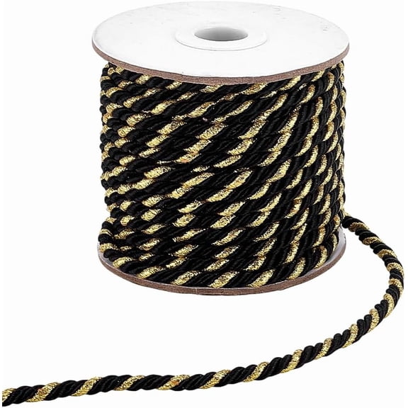 15M 3-Ply Polyester Twisted Cord with Metallic Thread Black 5.5mm 16.40 Yards(15m)/Roll