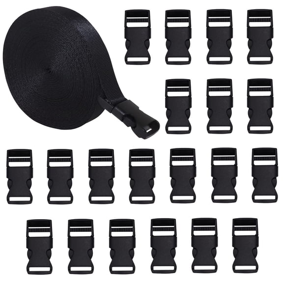 JINYINGHOD 15MM 10 Yards Black Nylon Webbing Strap + 20 Pcs Adjustable Buckles Plastic Side Release Buckles