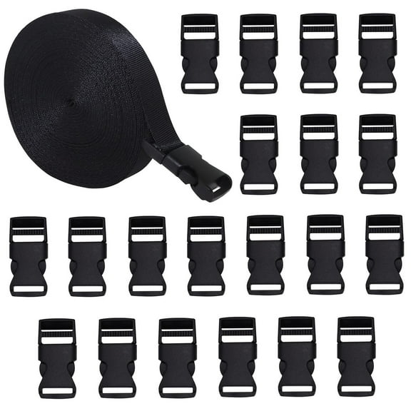 15MM 10 Yards Black Nylon Webbing Strap + 20 Pcs Adjustable Buckles Plastic Side Release Buckles