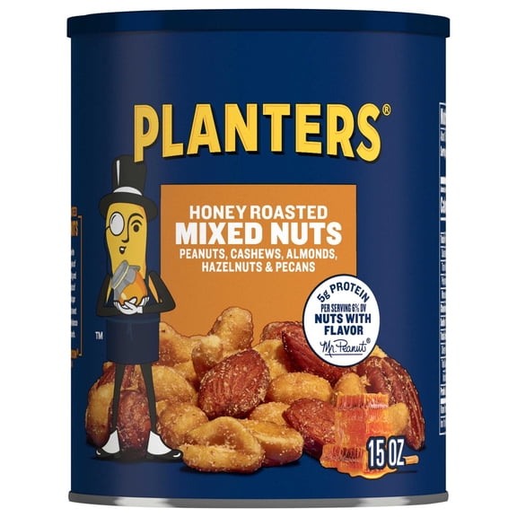PLANTERS Honey Roasted Mixed Nuts, Party Snacks, Plant-Based Protein, 15 oz Steel Can