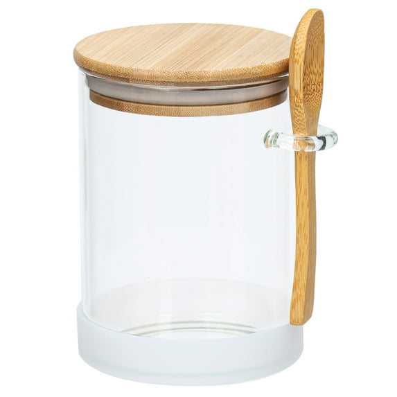 15Oz/450ML Clear Glass Storage Canister with Wooden Spoon, Airtight Bamboo Lid Sealed Glass Kitchen Food Container Jar with Scoop for Bath Salt Holder,Sugar,Spice,Coffee,Matcha Tea,Condiment,Pepper