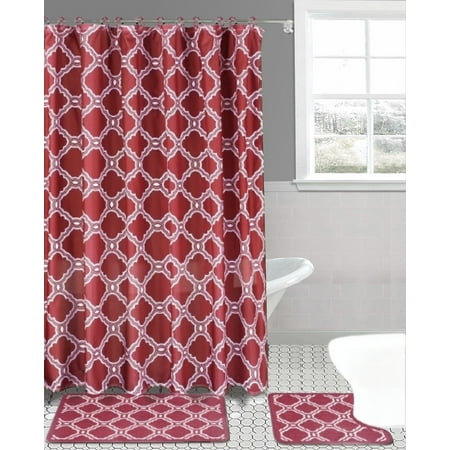 15PC SOFT & STYLISH BOUTIQUE BATHROOM SET FRESCO BURGUNDY DESIGN WASHABLE NON SLIP INCLUDES 2 BATH/RUG MATH + 1 SHOWER CURTAIN + 12PC RINGS