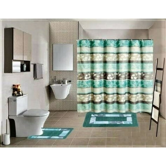 15PC SOFT & STYLISH BOUTIQUE BATHROOM SET ZENT MINT DESIGN WASHABLE NON SLIP INCLUDES 2 BATH/RUG MATH + 1 SHOWER CURTAIN + 12PC RINGS