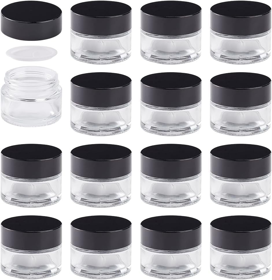15PCS 15ml (1/2 oz) Black Transparent Cream Bottle Glass Transparent Face Cream Cosmetics Bottled Separately Round Glass Jars With Inner Liners Black Lids DIY