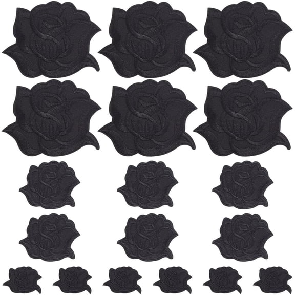 15PCS 3 Styles Black Rose Applique Embroidered Flower Shaped Patches Floral Appliques Iron on Cloth Repair Decorative Patch for Sewing Jacket Dress Jeans Sweater Hats Shoes Bags Accessory