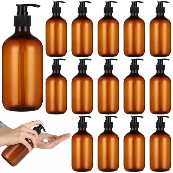 15PCS Amber Soap Dispenser, 16.9oz Empty Plastic Pump Bottles, Refillable Shampoo Dispenser, Reusable Containers for Lotion, Body Wash & Dish Soap, Ideal for Bathroom, Kitchen & Travel