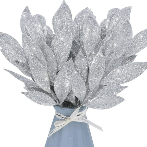 15PCS Artificial Glitter Leaves Fake Plants Flower Branches Leaf Christmas Tree Picks Sparkling Fillers Sprays for Halloween Xmas Wreath Garland DIY Crafts Home Arrangement Decor