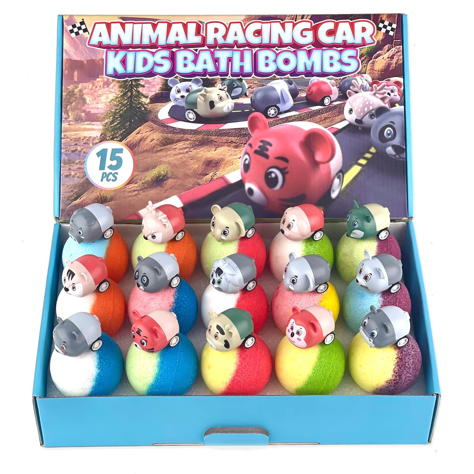 15PCS Bath Bombs with Animal Racing Cars Inside, XL Bath Bombs for Kids