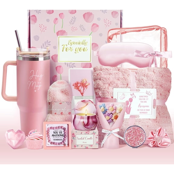 15PCS Birthday Gifts for Women, Relaxing Spa Basket With Luxury Flannel Blanket and 40 oz Tumbler - Care Package for Her, Mom, Wife, Friends - Valentine's, Mother's Day, Christmas