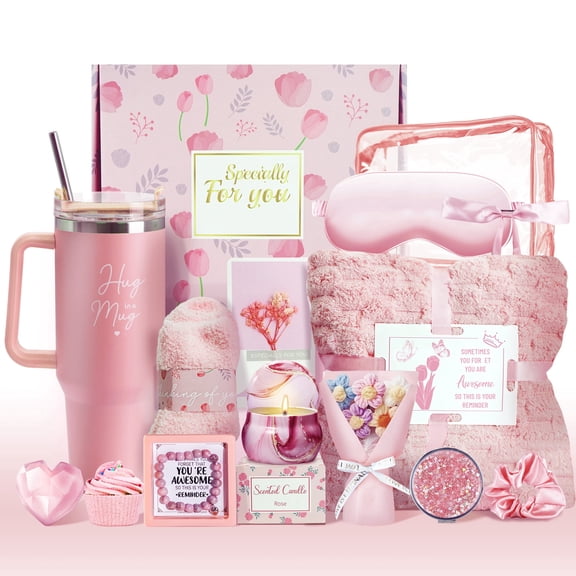 15Pcs Birthday Gifts for Women, Relaxing Spa Basket with Luxury Flannel Blanket and 40 oz Tumbler - Care Package for Her, Mom, Wife, Friends - Valentine's, Mother's Day
