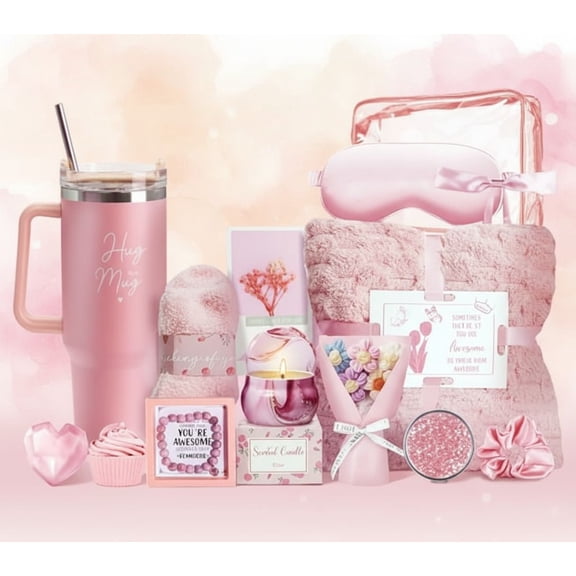15PCS Birthday Gifts for Women, Relaxing Spa Basket With Luxury Flannel Blanket and 40 oz Tumbler - Care Package for Her, Mom, Wife, Friends - Valentine's, Mother's Day, Christmas