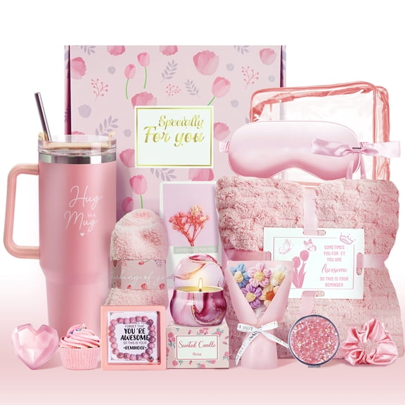15Pcs Birthday Gifts for Women, Relaxing Spa Basket with Luxury Flannel Blanket and 40 oz Tumbler - Care Package for Her, Mom, Wife, Friends - Valentine's, Mother's Day, Christmas Birthday Gifts